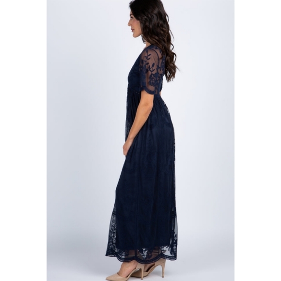 PinkBlush Navy Blue Lace Mesh Overlay Maxi Dress Large - Picture 2 of 10